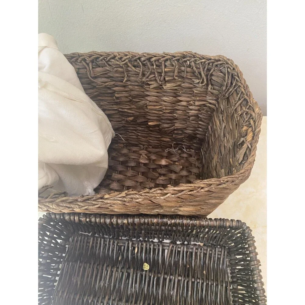 Set of 2 Vintage Cottagecore Dark Brown Wicker Basket Rattan, Linen/Cotton lined